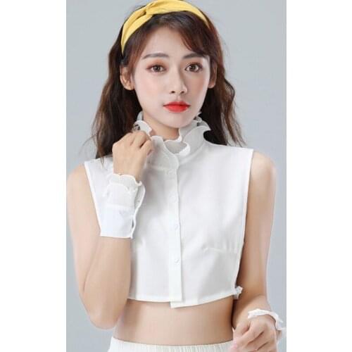 Korean Women 2 Pieces Layered Ruffled Stand False Collar with Fake Sleeves Wristband Set Button Down Detachable Half Shirt