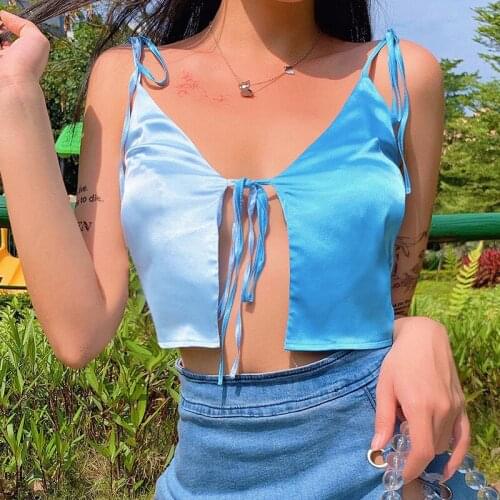 Women Bow Sashes V Neck Crop Top Sleeveless Cropped Backless Cropped Feminino Tank Top Summer Lace-up Vest Sexy Satin Crop Top