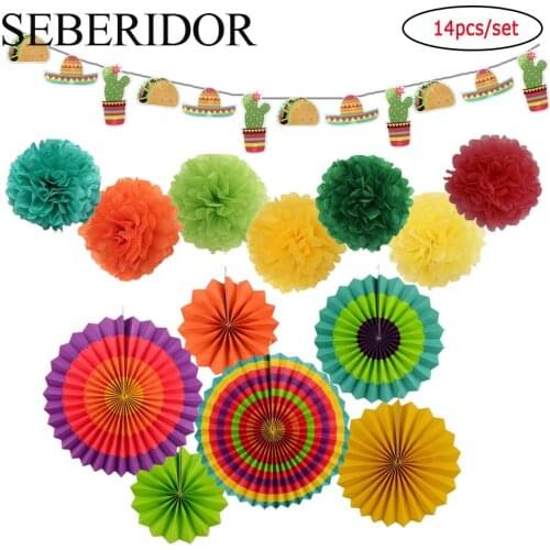 Mexico Cinco De Mayo Festival Party Favor Colorful Paper Straw Hat Cactus Banner National Day Decor Mixed Size Fan Tissue Flower