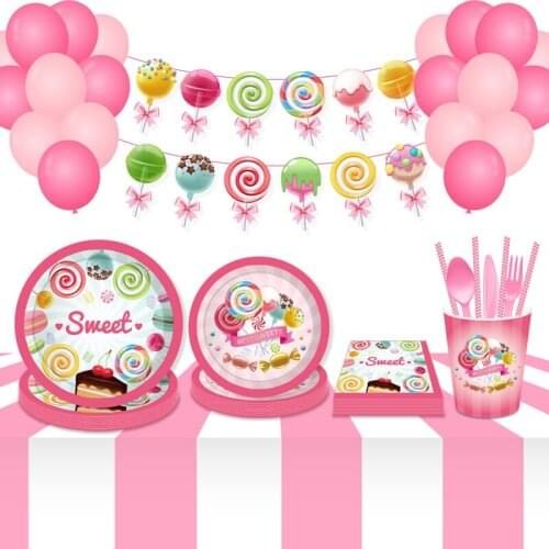 OENY Sweet Lollipop Girls Birthday Party Decorations Balloon Paper Cups Plates Baby Shower Disposable Tableware Set Supplies