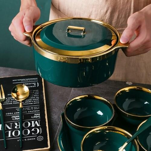 Green Ceramic Tableware Set Nordic Phnom Penh Soup Bow Phnom Penh Round Dinnerware Sets with Lid Spoon Tray