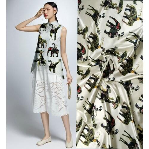 New Super Strech Satin Woven 97% Mulberry Silk Fabric For Sewing Material For Dress Green Elephant Print Quilt Tissu Au Metre