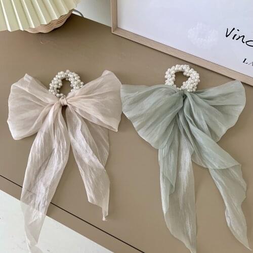 CYGJFC New Woman Pearl Organza Ribbon Elastic Hairband Girls Bowknot Scrunchie Hair Accessories Lady Fashion Hair Ties Rope