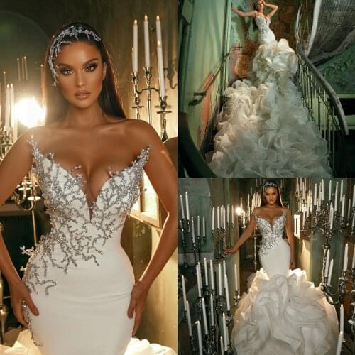 Gorgeous Cascading Ruffles Mermaid Wedding Dresses Bridal Gowns 2021 Crystal Beaded Sweetheart Vintage Country Africa robe de