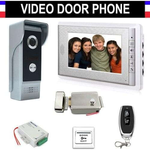 Video Intercom Doorbell Kits 7'' Monitor Wired Video Door Phone System 700TVL IR Camera with Electric Lock + Remote Control+Exit