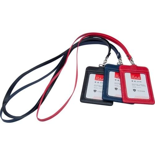 High quality brand fashion office ID card badge sets Men women standard badges PU leather bag with lanyard document cover black