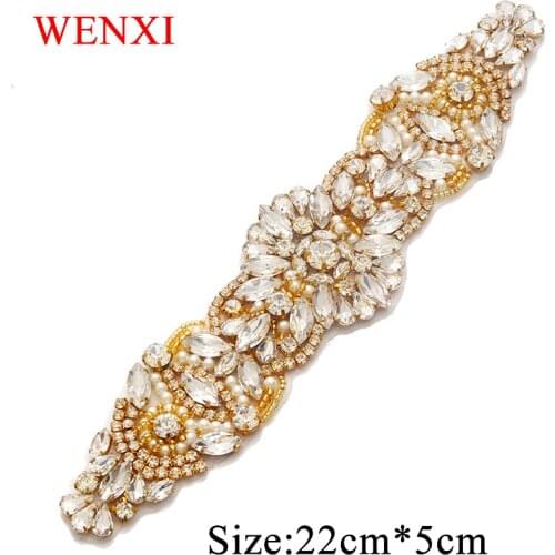 WENXI" (10pcs) Wholesale Bridal Clear Rose Gold Crystal Rhinestones Appliques With Beads Sewing On Wedding Dresses Sash WX805