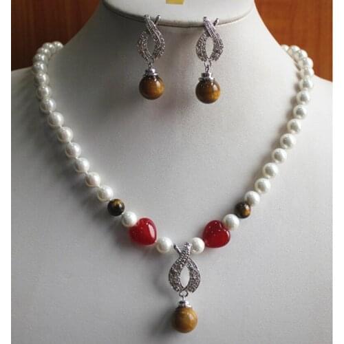 Pearl jewelry Wholesale 8mm white shell pearl necklace 14mm tiger eye earring and pendant jewelry >>002