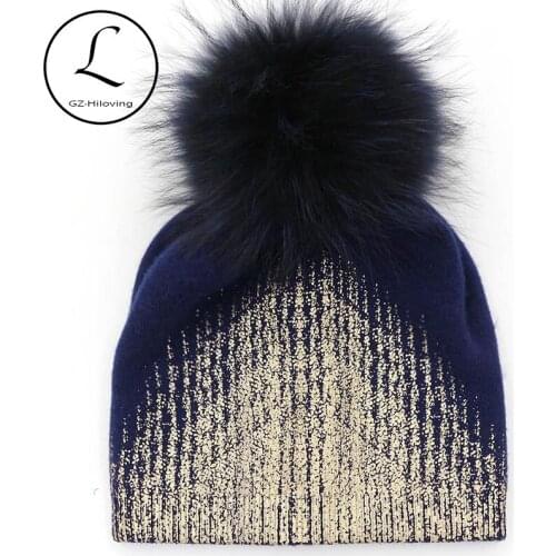 GZHILOVINGL Women Gold Color Metallic Beanie Hat Ladies Knitted Winter Warm Wool Acrylic Real Raccoon Fur Pom Pom Skullies Hats