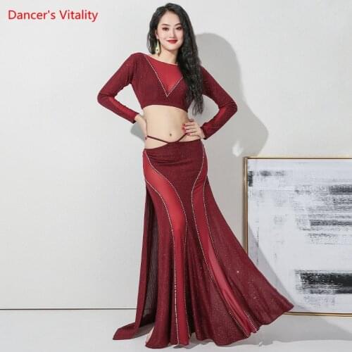 Belly Dance Set Mesh Stitching Top Long Sleeve Split Skirt Practice Clothes Female Adult High-End Suit Performance Clothing