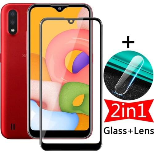 2in1 Full Screen Protective Glass for Samsung Galaxy A01 M01 Core Tempered Film + Camera Protector on Sumsung A 01 M 0 1 a01core