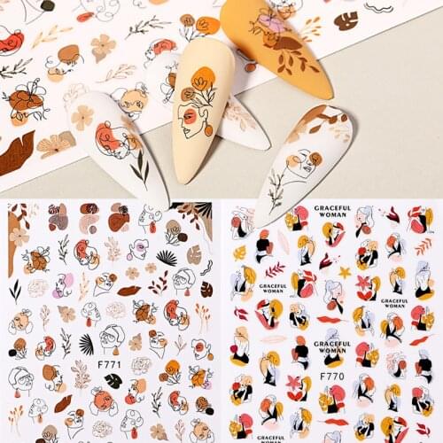 1PC Abstract Face Pattern 3D Nail Stickers Summer Autumn Lady Image Flower Leaves Sliders Decals For Nails Decoration Manicures