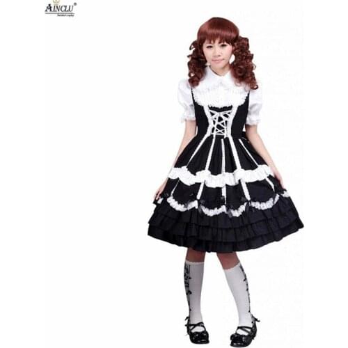 Ainclu Free Shipping XS to XXL Cemavin Womens Cotton Black Lace Ties Gothic Cute Lolita Sling Dress