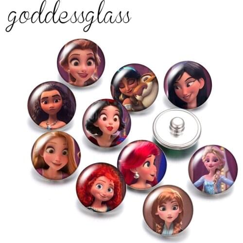 Disney Princesses Snow white Elsa 10pcs Round photo glass 18mm snap buttons for 18mm snap bracelets jewelry wholesale