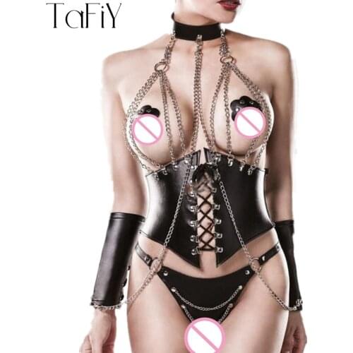 TaFiY 2021 Erotic Sexy Latex Underwear Lingerie For Women Sexi Strappy Iron Chain Body suit Cosplay Erotic Faux Leather Costumes