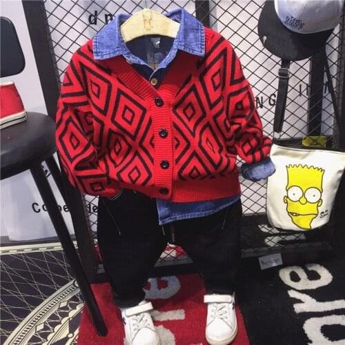 3Pcs Boys Set spring and autumn style Children clothing sets Baby boys Knit cardigan + shirt + jeans suit kids clothes 2-6years
