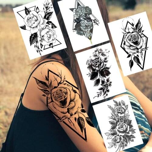 Fashion Black Flower Temporary Tattoos Sticker For Women Body Art Arm Tatoos For Festival Realistic Fake Geometric Rose Tattoos