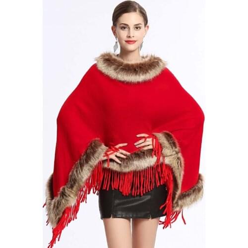 Fashion fur collar tassel pullover knit cape shawl ladies jacket