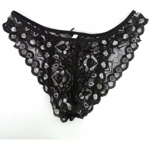 Mens Pouch Bikini Sexy Lace Underwear Floral Lace Black silver briefs