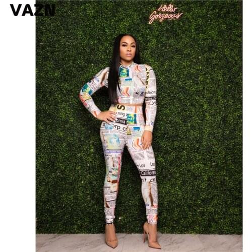 VAZN 2020 New Vintage Sexy Soft Elastic 3 Color Daily Round Neck Full Sleeve Top Long Pants Slim Women 2 Piece Set