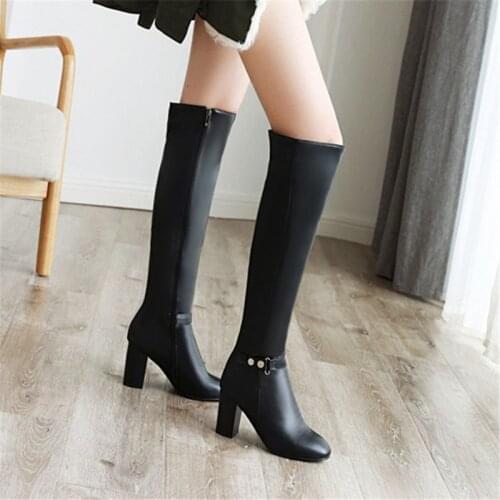 PXELENA Autumn Winter Women Knee High Riding Knight Boots Chunky Block Heels Rivet Zip Black Brown Fashion Shoes Large Size 43