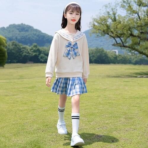 Girls Autumn Fashion Suit 2021 Girls Bowknot Lapel Sweater + Pleated Plaid Skirt 2-piece Set Female Student Uniform 5-12 Years