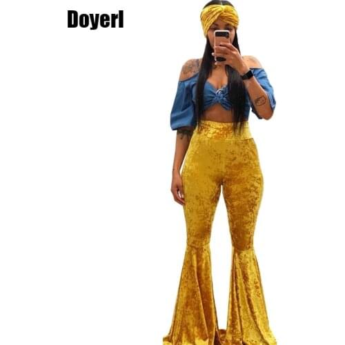 Thick Velvet Flare Pants Women Streetwear Elastic High Waist Trousers Female Autumn Winter Warm Casual Bell Bottoms Ruffle Pants