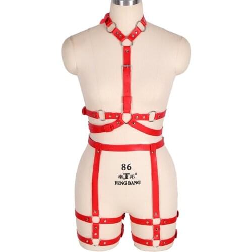 PU Leather Harness Womens 2pcs Sexy Lingerie Body Bondage High Waist Garter Belt Suspenders Belt Punk Goth Stockings Gothic Rave