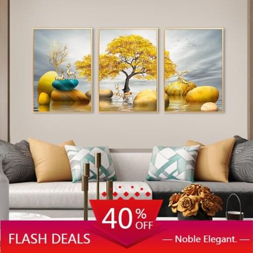 Christmas Canvas painting Art Golden Tree River Landscape Wall Picture for Home Decor Design Wall Art Poster and Decoration