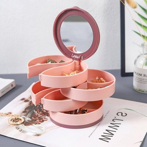 Jewelry Storage Box Desktop Cosmetics Organizer With Mirror Rotating Plastic Jewelry Stand Earrings Ring Makeup Organizer