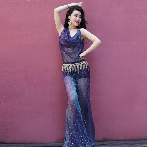 Belly dance professional performance clothing women ice silk jumpsuit practice clothes pants summer oriental dance clothing sui
