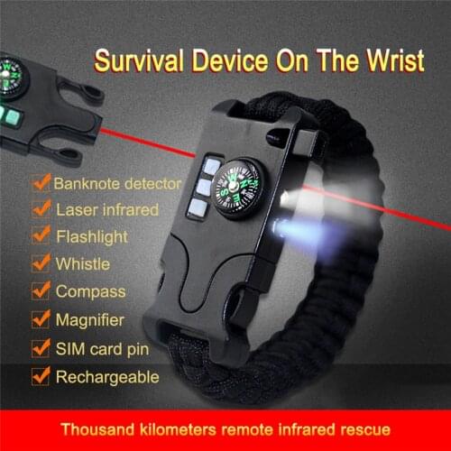 Outdoor 7 in 1 Hand-woven Rechargeable paracord Bracelet LED Laser Flashlight Wristband Survival Infrared Equipment
