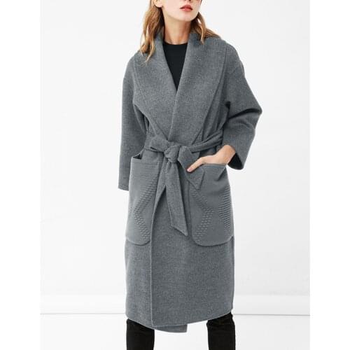 High grade double face 100%woolen womens fashion long overcoat scarf-collar knit-pockets S/M