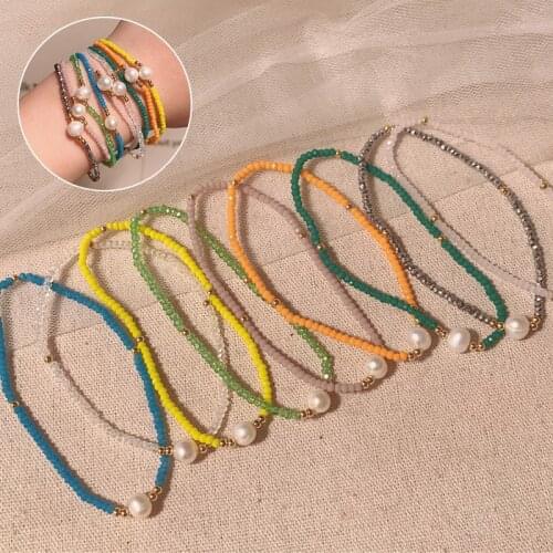 Korean Colorful Crystal Pearl Charm Bracelet Sweet Handmade Woven Beaded Bangle for Women Girls Party Jewelry 2021 New