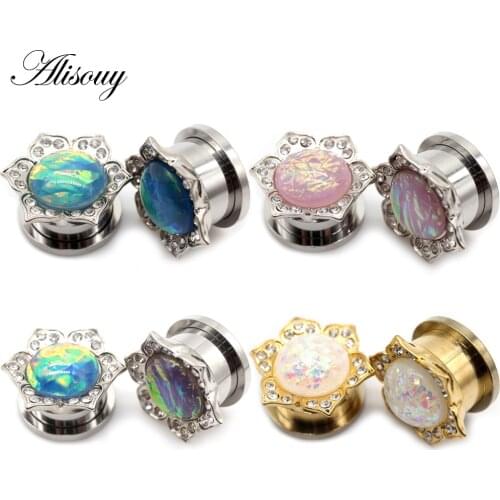 Alisouy 2pcs Flower Leaf Crystal Opal Stainless Steel Ear Plugs Tunnel Expander Stretcher Gauges Earring Piercing Body Jewelry