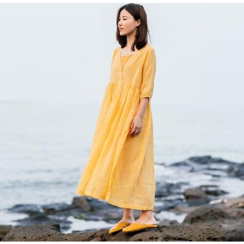 Yellow Long Linen Summer Women Dresses Summer V Neck Women Dresses