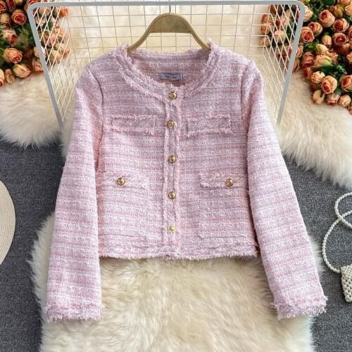 Sweet Ladies Autumn Woven Tweed Jacket Winter Women Vintage Pink White Suit Jacket Long Sleeve Single-Breasted Short Plaid Coats