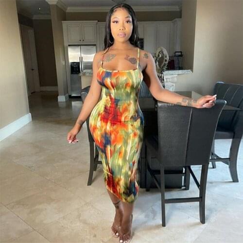 Wsevypo Sexy Print Suspender Bodycon Midi Dress Women Off Shoulder Low-Cut Wrapped Sundress Party Club 2021 Summer Sheath Dress