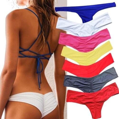 Women Sexy Ruched Solid Color Bikini Bottom Swimwear Hipsters Thong Beachwear