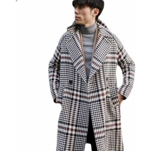 Plaid Winter Fashion Overcoat Warm Mens Woolen Thick Double Breasted Loose Long-Length Casual Trench Coat Male Jacket
