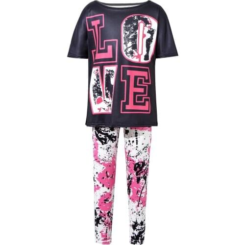 2Pcs Kids Girls Fashion Summer Suit Letters Print T-shirt and Graffiti Printed Pants Set for Gym Running Exercise Casual Wear