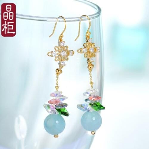 Cabinet 925 silver sea blue treasure crystal pendant earrings female long temperament Earrings 2019 new trend simple