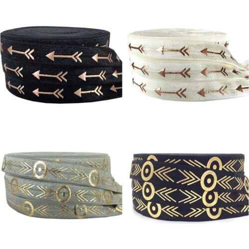 5/8"16mm Gold Foil Aztec Arrow Printed Fold Over Elastic Ribbon DIY Pack Stuffs Hair Band Making Accessories 10Yards/lot