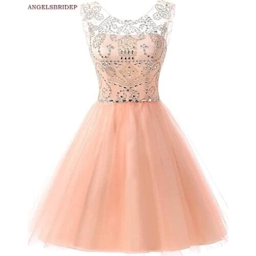 ANGELSBRIDEP Scoop Tulle Homecoming Dresses Luxury Beaded Crystal Mini Vestidos De Festa Special Occasion Graduation Party Gowns