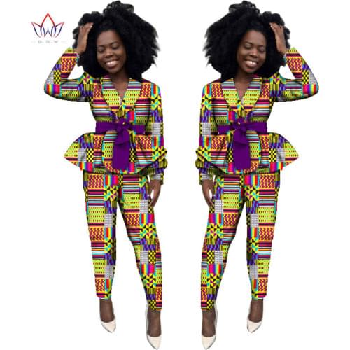 Bintarealwax 2021 Autumn African Women Pant Sets Dashiki Elegant Set for Women Pants & Crop Top Plus Size African Clothes WY1840