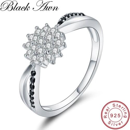 [BLACK AWN] 925 Sterling Silver Fine Jewelry Trendy Flower Engagement Bague Wedding Rings for Women C313