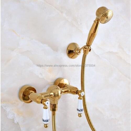 Gold Color Brass Bathroom Rainfall Hand Shower Faucet Set Mixer Tap With Hand Sprayer Wall Mounted Nna981
