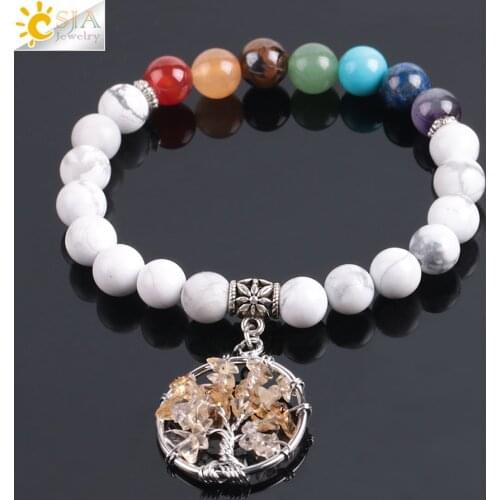 CSJA Healing 7 Chakras Tibetan White Howlite Bracelets Yellow Crystal Chip Yoga Prayer Bead Tree of Life Meditation Jewelry E908