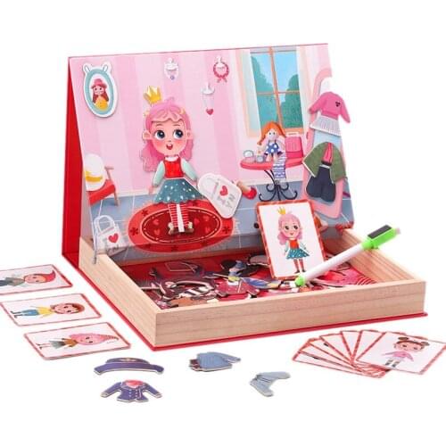 Children Wooden Toy Multi-Functional Magnetic Double-Sided Puzzle Cartoon Girl Dress Up Puzzle White Board Toy