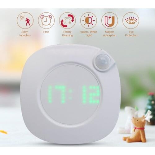 Motion Sensor Night Light With Clock Battery Power PIR Sensor Two Lighting Color Adjustable Brightness Magnet Night Lamp